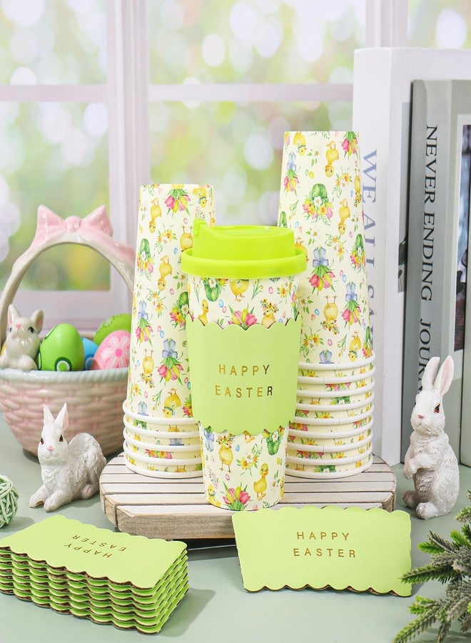 JarThenaAMCS 50 Set Easter Disposable Coffee Cups with Lids Gold Foil Sleeves Paper Cup Green Yellow Chick Duck Floral Drinking Cups for Easter Spring Party Supplies - Image 4